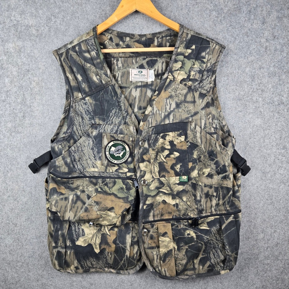 Vintage Mossy Oak Hunting Vest Mens Large Green Camo NWTF Turkey Mesh Utility
